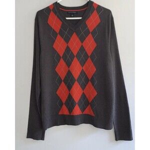 Banana Republic Sweater Men's Medium Gray Silk Cashmere Argyle Diamond V-Neck